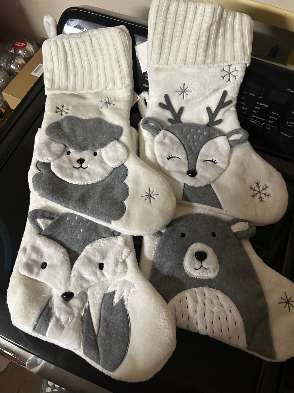 Hobby Lobby Cream & Gray Plush Woodland Animal Holiday Stockings - Set of 4